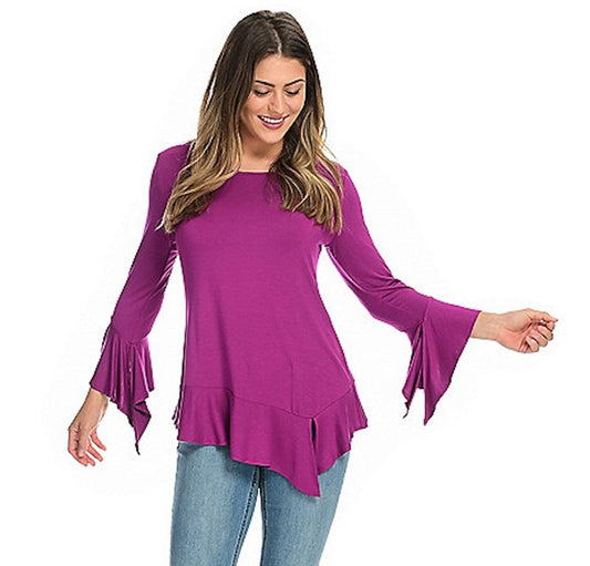 NWT Kate & Mallory M Jersey Knit 3/4 Sleeve Asymmetrical Flounce Hem Top