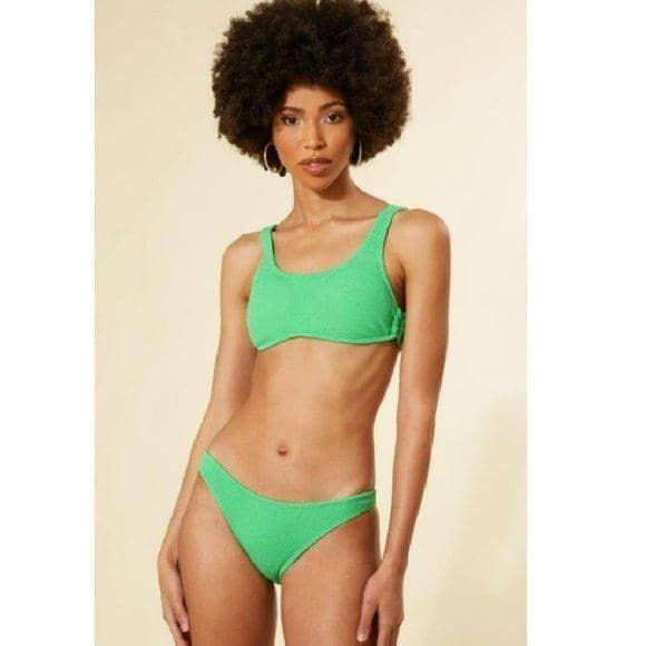 NWT PIlyq Kiwi Reef D Top Green Textured Cheeky Bikini L Swim Bottom 118295