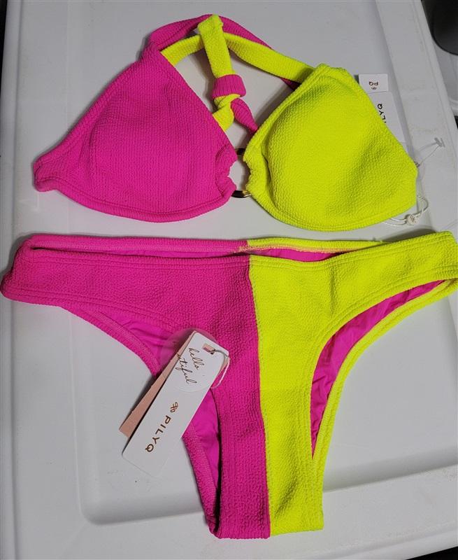 NWT PIlyq Pineapple Reef M Ring Bikini Top Teeny Bottom Yellow Pink Neon 118299