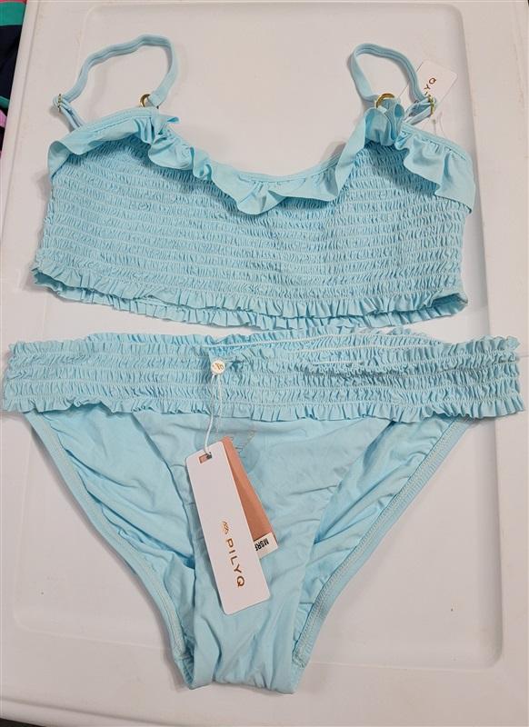 NWT Pilyq Cabana Blue Smocked Ruffle Halter Top M Bikini Swim Bottoms L 118304
