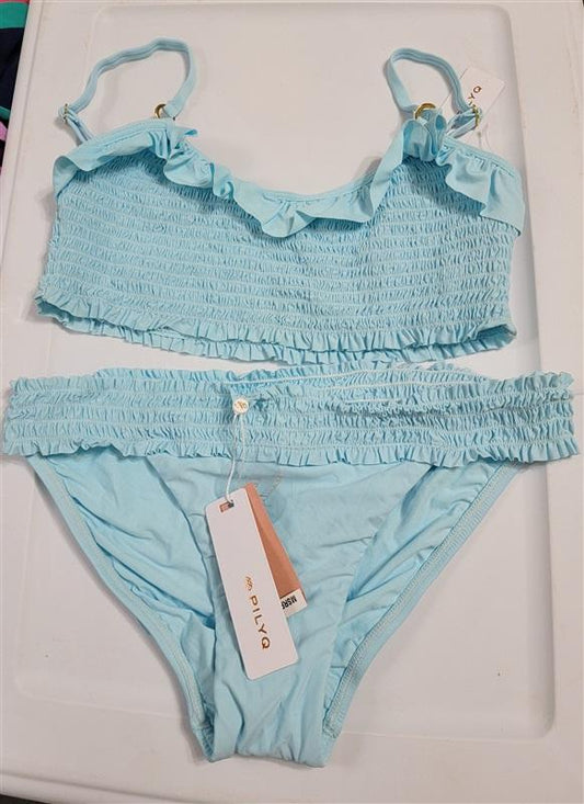 NWT Pilyq Cabana Blue Smocked Ruffle Halter Top M Bikini Swim Bottoms L 118304