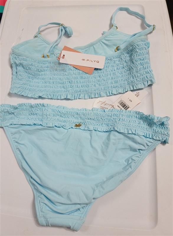 NWT Pilyq Cabana Blue Smocked Ruffle Halter Top M Bikini Swim Bottoms L 118304