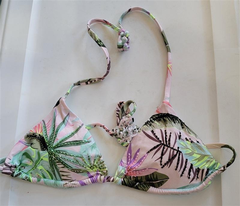 NWOT Pilyq PQ Pink Tropical leaves Beaded Bikini Swim Top M & Bottom S 118327