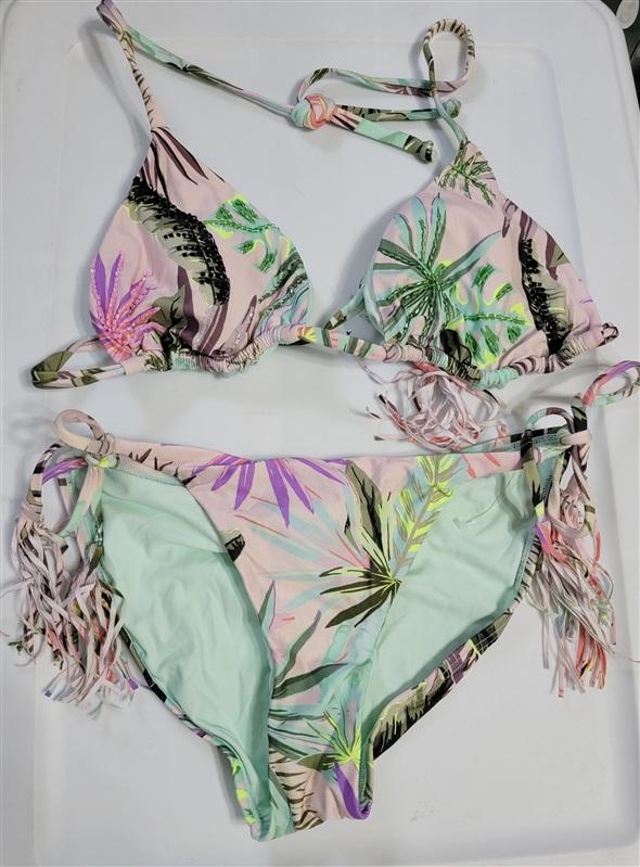 NWOT Pilyq PQ Pink Tropical leaves Beaded Bikini Swim Top M & Bottom S 118327