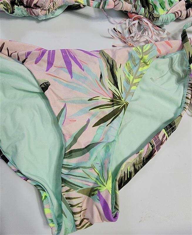 NWOT Pilyq PQ Pink Tropical leaves Beaded Bikini Swim Top M & Bottom S 118327