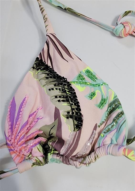 NWOT Pilyq PQ Pink Tropical leaves Beaded Bikini Swim Top M & Bottom S 118327