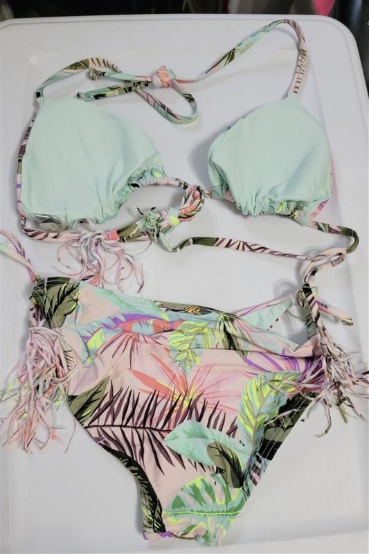 NWOT Pilyq PQ Pink Tropical leaves Beaded Bikini Swim Top M & Bottom S 118327