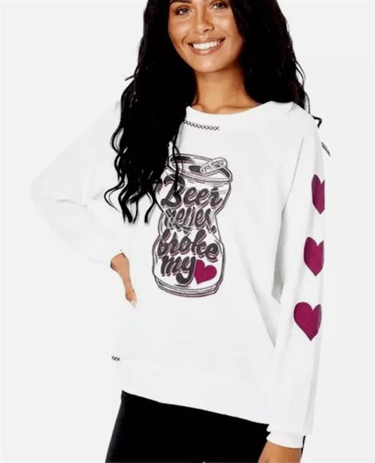 NWT Wildfox S Beer Never Broke My Heart Jersey Knit Sommers Sweater White 118355