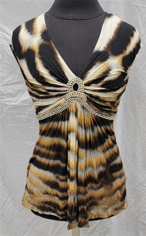 NWOT Sky L DEEP V Tiger Strip Rhinestone Accents Short Dress or Top 118380