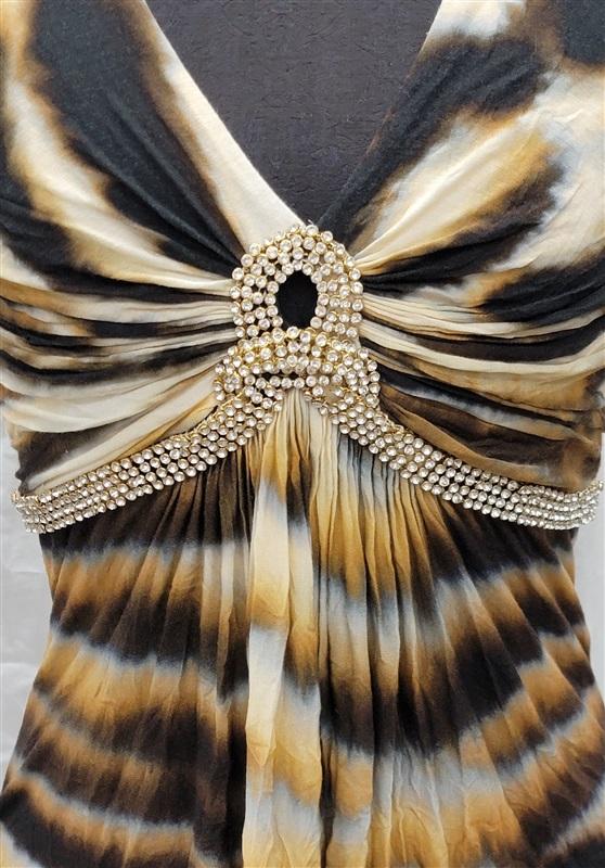 NWOT Sky L DEEP V Tiger Strip Rhinestone Accents Short Dress or Top 118380