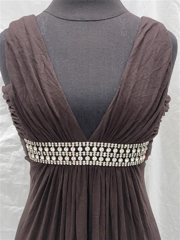 NWOT Sky S Greek Goddess Rhinestone Deep V Brown Club Maxi Dress 118381