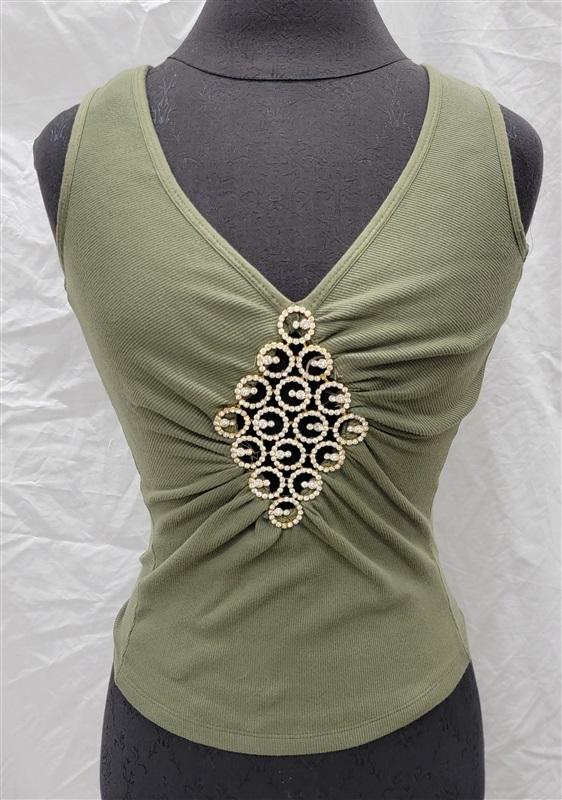 NWOT Sky XS DEEP V Olive Rhinestone Accents Tank Top 118385
