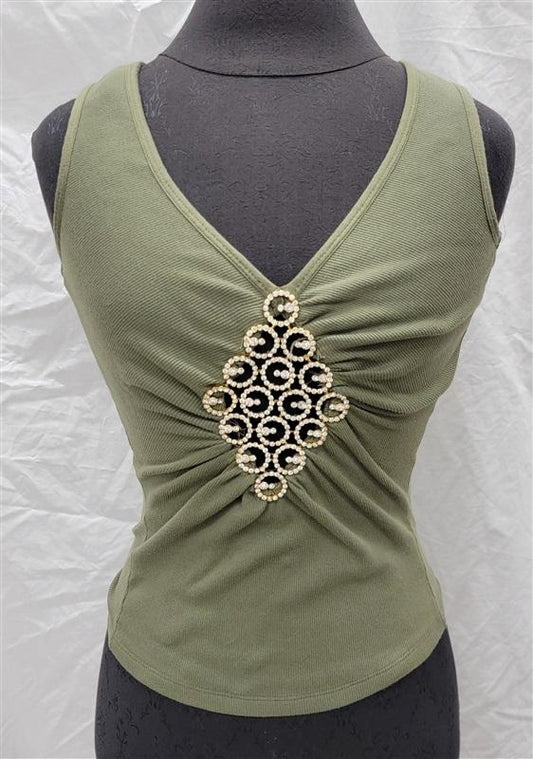 NWOT Sky XS DEEP V Olive Rhinestone Accents Tank Top 118385