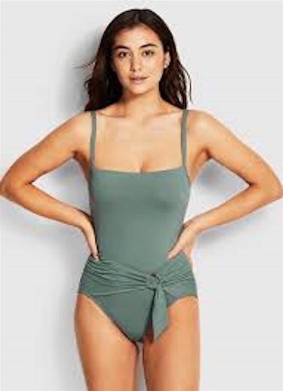 NWOT Seafolly Maillot 12 US DD Solid Sash Belt One-Piece Swimsuit Green 118396