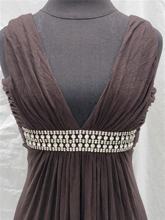 NWOT Sky M Greek Goddess Rhinestone Deep V Brown Club Maxi Dress 118404