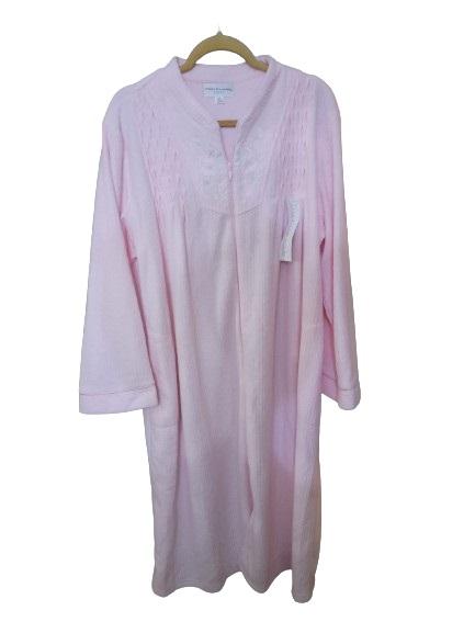 Miss Elaine 2X French Terry Knit Zip Long Embroidered Robe Pink 118428