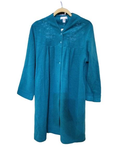 NWT Miss Elaine M French Fleece Embroidery Zip-Front Robe Green 118430