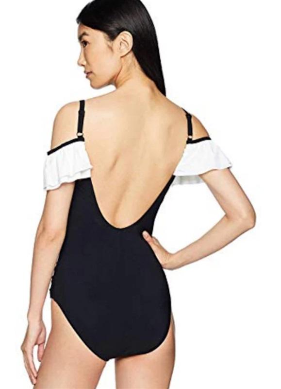 NWT Profile Gottex 16 Tutti Frutti Off Shoulder 1pc Black White Swimsuit 118438