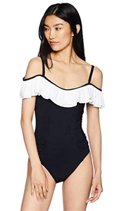 NWT Profile Gottex 16 Tutti Frutti Off Shoulder 1pc Black White Swimsuit 118438