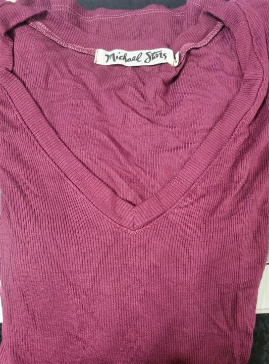 NWOT Michael Stars XS V Neck Burgundy Ribbed T Shirt 118485