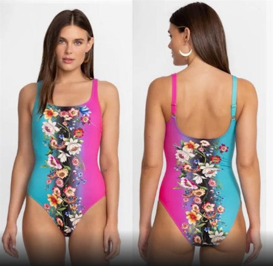 NWT Johnny Was XS Ombre Tank 1PC Maillot Swimsuit Pink Teal Floral 118489