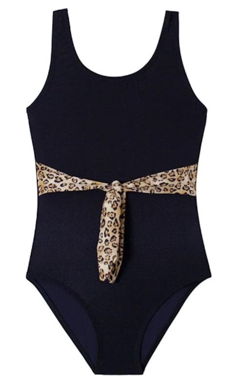 NWT Pilyq PQ Girls 2 Leo Belted Bow 1PC Black Animal Print Swimsuit 118569