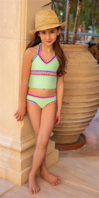 NWT Pilyq 4 Girls Aloe Green Crochet Rainbow Trim Tankini 1PC Swimsuit 118572