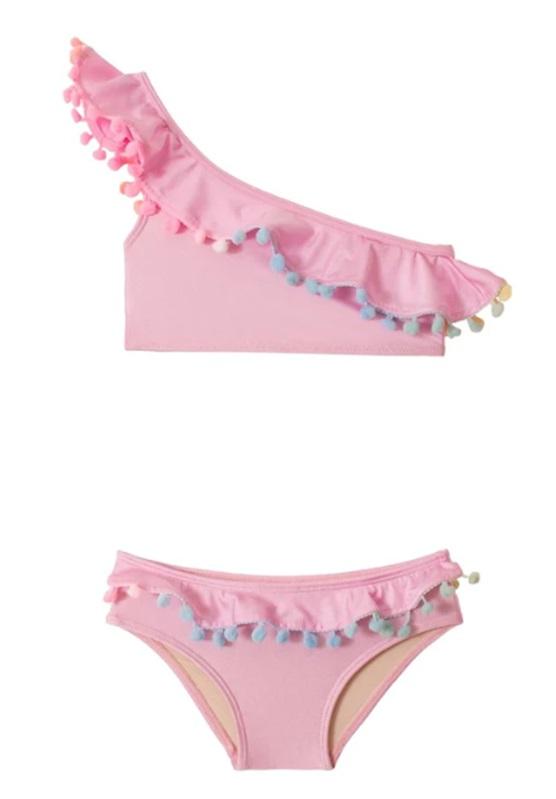 NWT Pilyq 12 Girls Swim Cabana Pink 1 Shoulder Pom Pom Bikini 118576