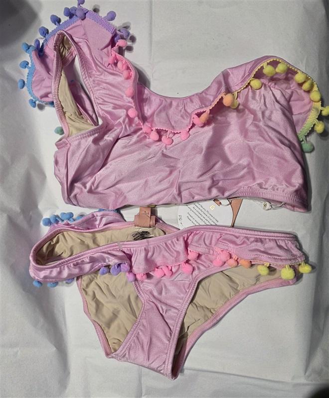 NWT Pilyq 16 Girls Swim Cabana Pink 1 Shoulder Pom Pom Bikini 118577