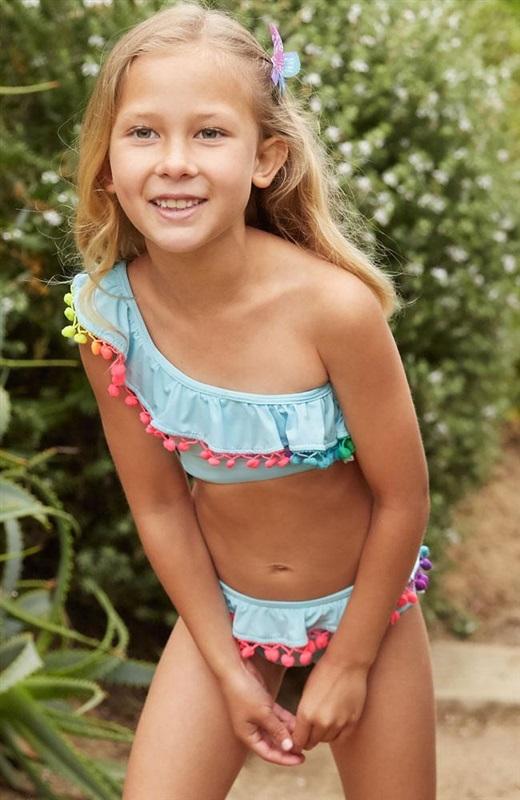 NWT Pilyq 14 Girls Swim Cabana Pink 1 Shoulder Pom Pom Bikini 118578
