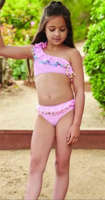 NWT Pilyq 14 Girls Swim Cabana Pink 1 Shoulder Pom Pom Bikini 118578
