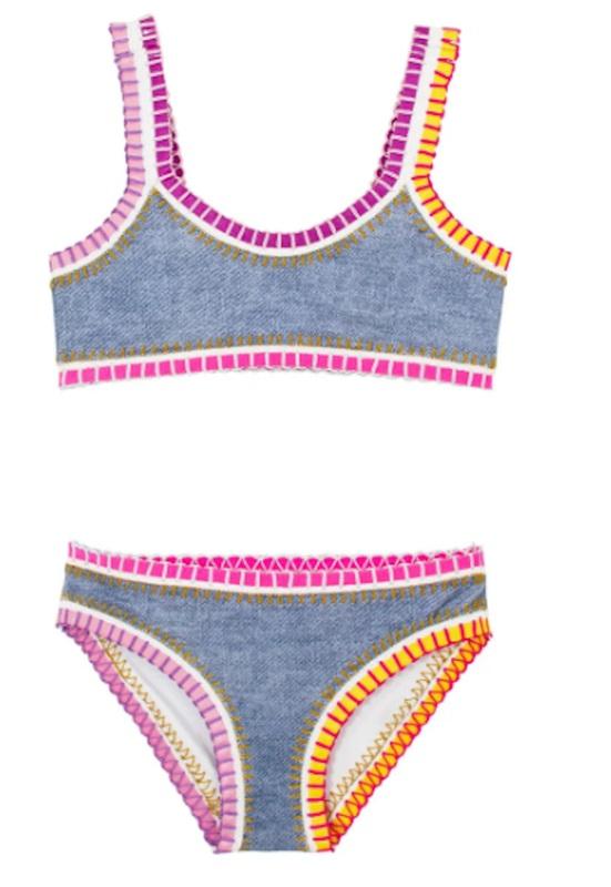 NWT PIlyq 4 Girls Denim Sporty Rainbow Embroidered Bikini 118583