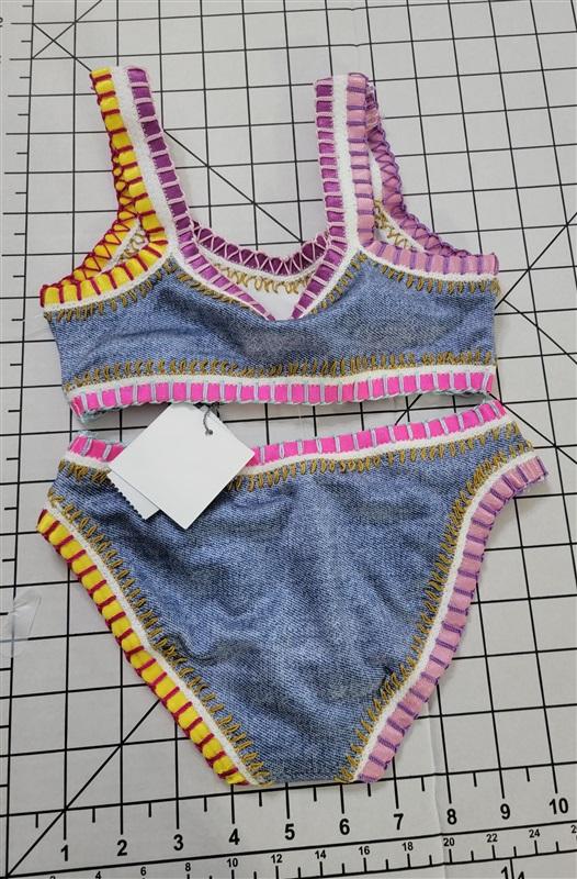 NWT PIlyq 4 Girls Denim Sporty Rainbow Embroidered Bikini 118583