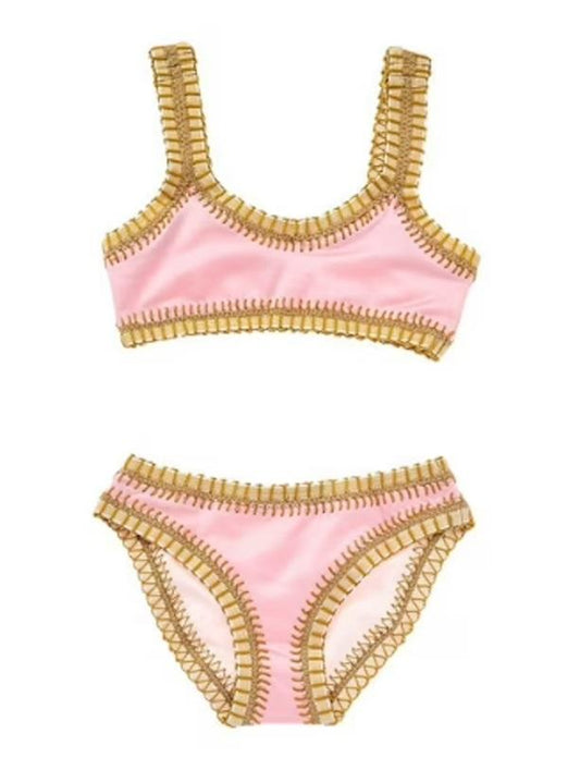 NWT PIlyq 4 Girls Denim Sporty Pink Gold Embroidered Bikini 118589