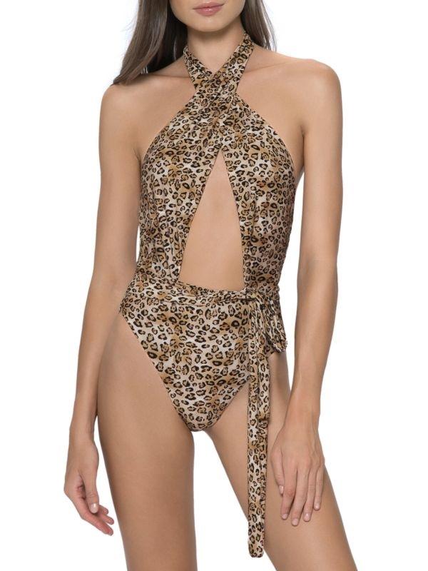 NWOT PilyQ L Alex Leopard Deep V Wrap Print 1PC Swimsuit 118630
