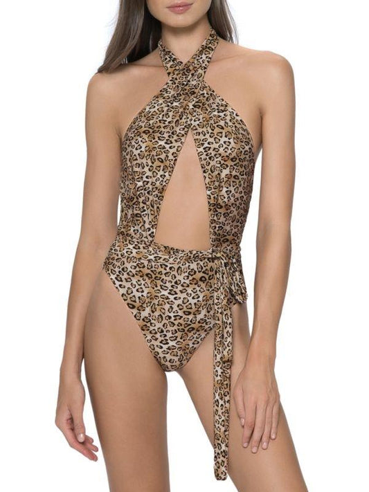 NWOT PilyQ L Alex Leopard Deep V Wrap Print 1PC Swimsuit 118630