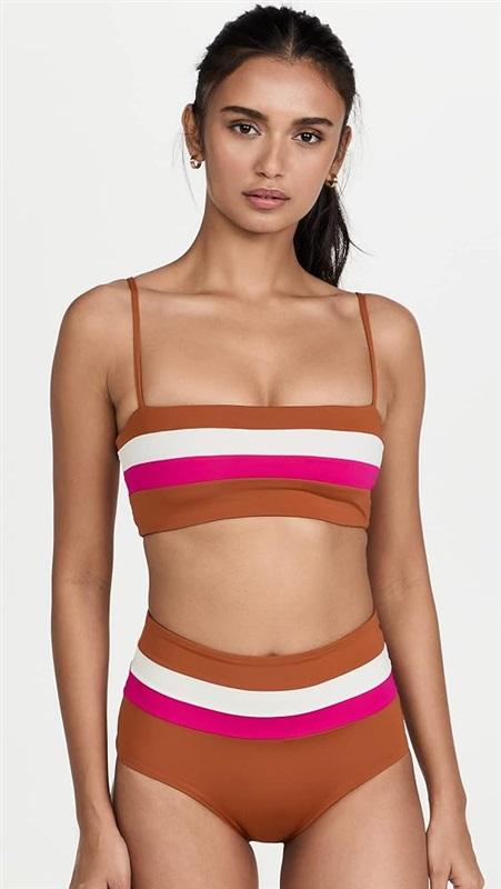 NWOT L*Space S Rebel Stripe Color Block Bikini Swim Top Brown Pink 118649