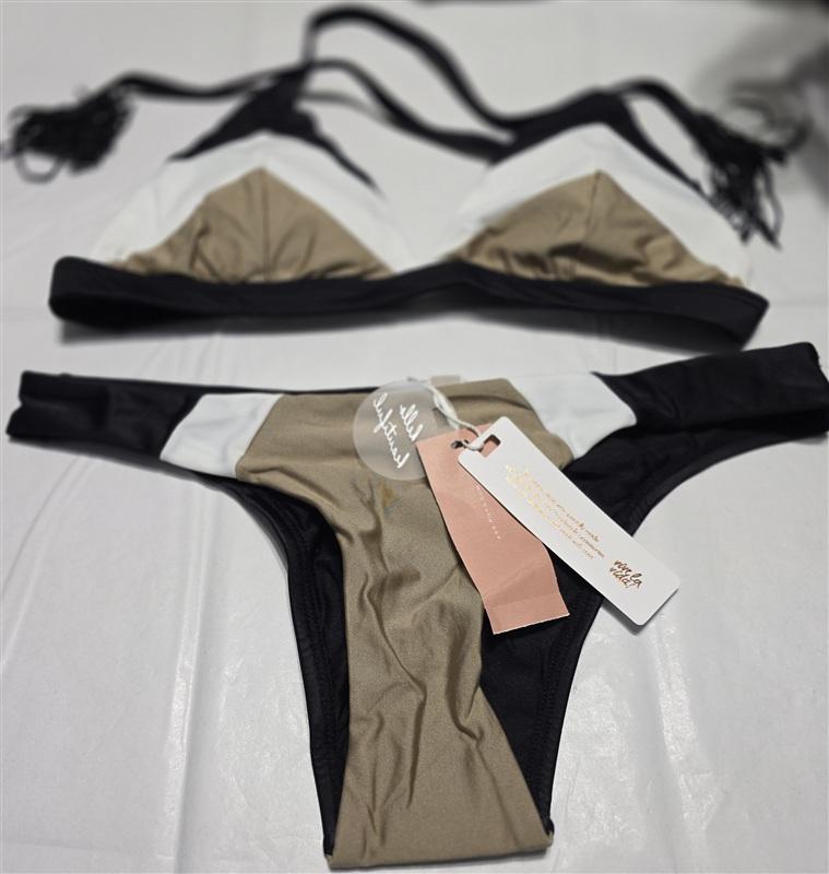 NWT PIlyq Cadillac Color Block M Triangle Bikini Swim Top S Teeny Bottom 118692