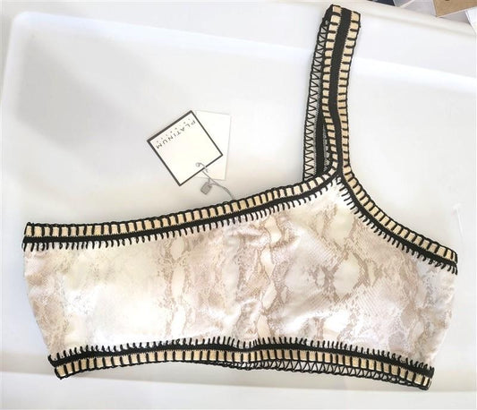 NWT Pilyq Platinum D KAA Crochet Trim 1 Shoulder Bandeau Bikini Swim Top 118726