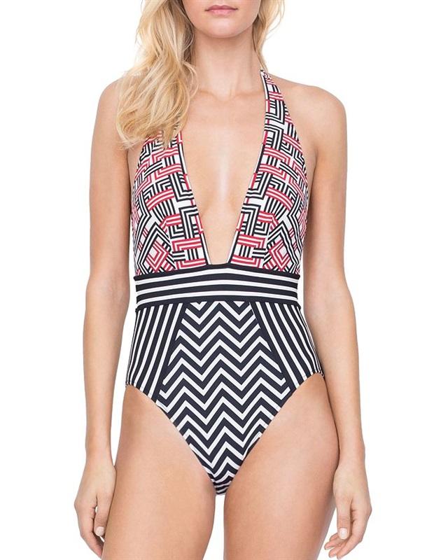 NWOT Profile Gottex 8 Retro Chic 1PC Plunge Swimsuit Red Black 118842