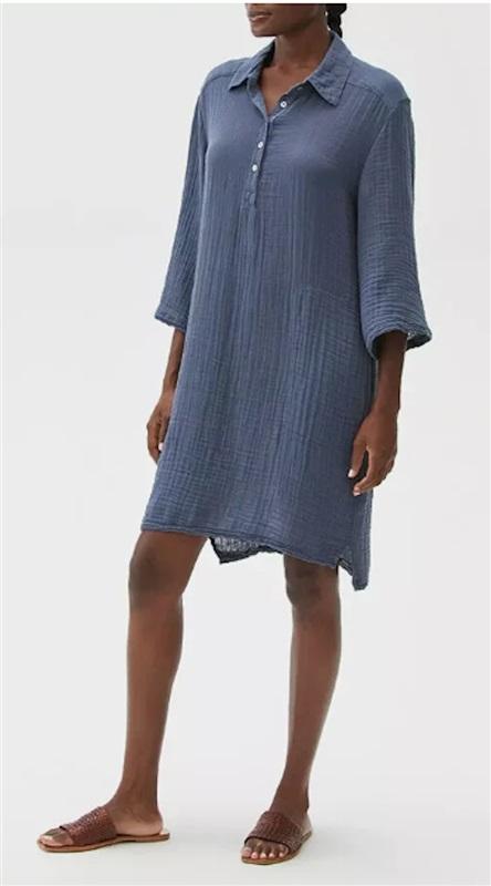 NWOT Michael Stars M Cecily Gauze Lace Crinkle Dress Collared Blue Gray 118939