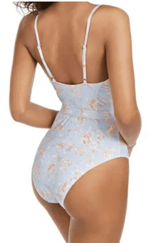 NWOT What We Wore L Danielle Belted 1PC Halogen Blue Flower Swimsuit 118987