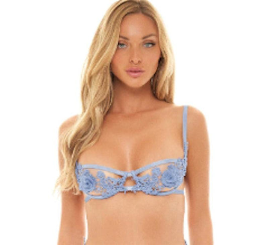 NWOT Oh La La Cheri S/M Open Bra Blue Floral Lace Strappy 119001