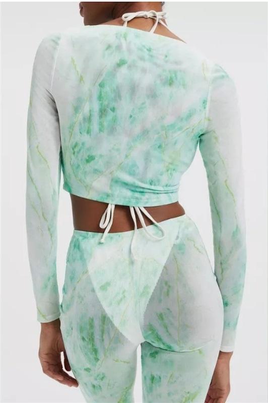 NWT Good American 6 XXL Mesh Ruched V Crop Top Green Marble 119031