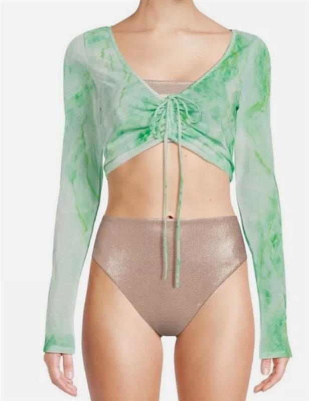 NWT Good American 6 XXL Mesh Ruched V Crop Top Green Marble 119031