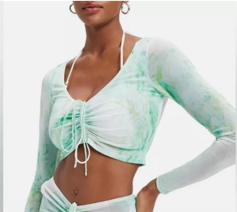 NWT Good American 6 XXL Mesh Ruched V Crop Top Green Marble 119031