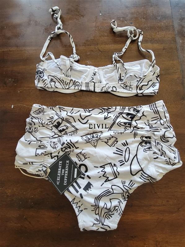 NWT Civil Regime Graffiti M Bikini Top & Shirred High-Waisted Swim Bottom 119344