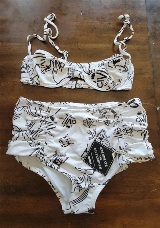 NWT Civil Regime Graffiti M Bikini Top & Shirred High-Waisted Swim Bottom 119344
