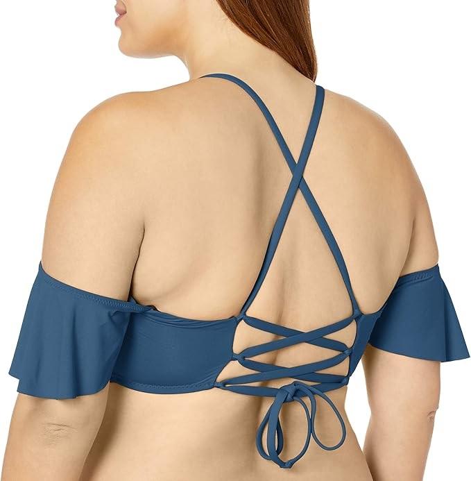 NWOT Becca 0X Off-Shoulder Bikini Swim Top Blue Flounce 119363