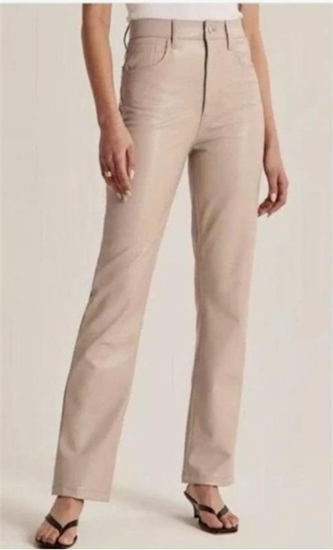 NWT Abercrombie & Fitch 37 24 90's Straight Faux Leather Beige Pants 119500
